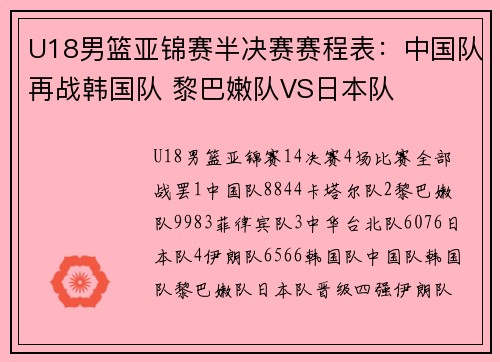 U18男篮亚锦赛半决赛赛程表：中国队再战韩国队 黎巴嫩队VS日本队