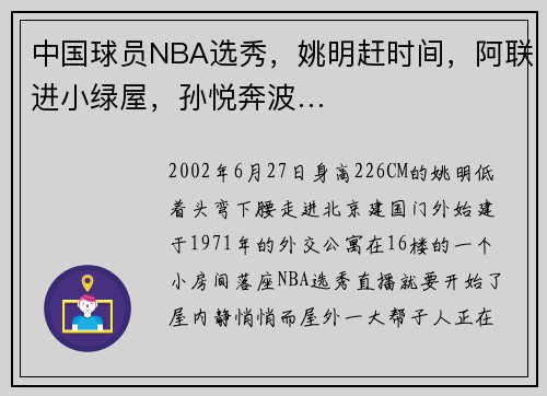 中国球员NBA选秀，姚明赶时间，阿联进小绿屋，孙悦奔波…
