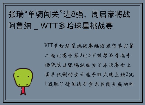 张瑞“单骑闯关”进8强，周启豪将战阿鲁纳 _ WTT多哈球星挑战赛